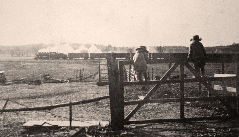 Children watch steam locomotive pass by their Pontiac area farm.